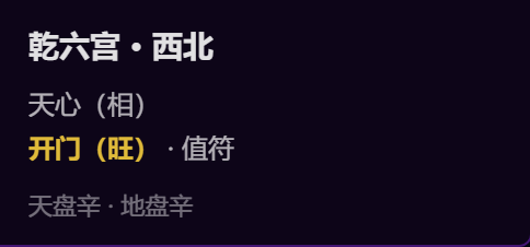 乾六宫 · 西北天心(相)开门(旺) · 值符天盘辛 · 地盘辛