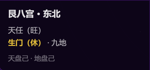 艮八宫 · 东北;天任(旺);生门(休);九地;天盘己;地盘己。